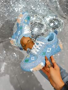 2026春季新款水钻装饰女士运动鞋，透气休闲厚底鞋，时尚百搭派对鞋 - 藍色 - 查看 2