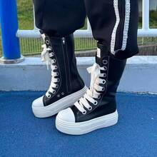 All-Season Fashion Women Black Mid-Calf Boots Thick Sole With Side Zipper Retro Lace-Up Motorcycle Boots Woman Long Booties - 黑色 - 查看 1