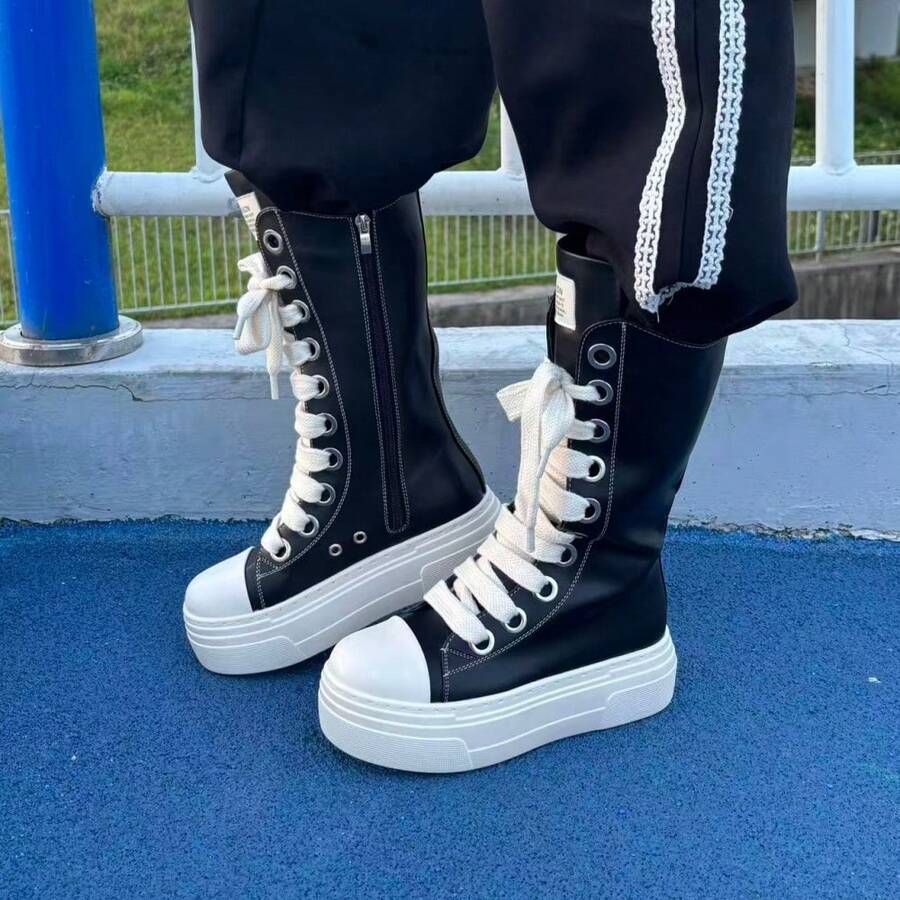 All-Season Fashion Women Black Mid-Calf Boots Thick Sole With Side Zipper Retro Lace-Up Motorcycle Boots Woman Long Booties - 黑色 - 查看 1