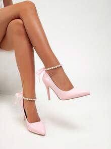 女士新款优雅性感约会婚礼派对仿珍珠蝴蝶结系带纯色尖头细高跟鞋 - 粉色 - 查看 3