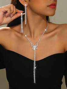 Fashionable Bridal Jewelry Set, Fully Rhinestone Encrusted Butterfly Design Earrings And Necklace Set, Suitable For Daily, Evening Party, Thanksgiving, Mother's Day Gift - Multicolor - View 2