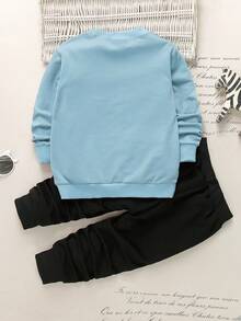 Boys' Letter Graphic Sweatshirt With Matching Sweatpants, Fashionable Autumn/Winter Outfit Set - Blue - View 2