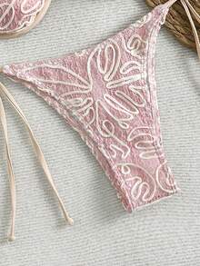 Women's Embroidered Crochet Bikini Set Featuring Underwire Bra And Side Tie Bottoms For A Chic Beach Look - Pink - View 5