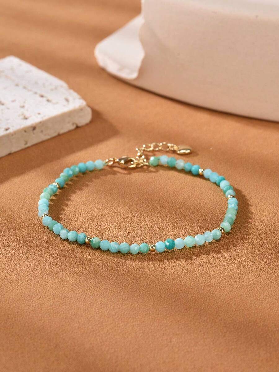 1pc 18K Gold Plated Natural Amazonite Faceted Bead Women Bracelet - Amazonite - View 1