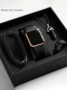 1 Set Men's Casual Fashion Square LED Digital Watch, Pendant Bracelet Necklace Ring, Stylish Analog Watch Set, Suitable As Versatile Festive Gift, Birthday Present, Christmas Accessory