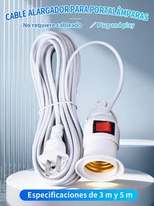 Lighting Extension Cord With Socket Switch, 5 Metros/3 Metros,Zócalo de luz colgante con cable de alimentación Con enchufe interruptor Zócalo de lámpara E27 Cable de luz,para lámparas de noche, de mesita y de pared, iluminación comercial. - Blanco - Ver 1