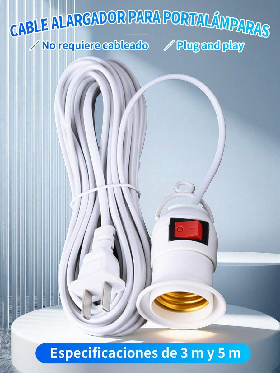 Lighting Extension Cord With Socket Switch, 5 Metros/3 Metros,Zócalo de luz colgante con cable de alimentación Con enchufe interruptor Zócalo de lámpara E27 Cable de luz,para lámparas de noche, de mesita y de pared, iluminación comercial. - Blanco - Ver 1