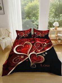 3 Stück luxuriöser Bettbezug-Set mit roter Rose & Herz Design (1*Bettbezug + 2*Kissenbezüge, ohne Füllung), romantisches Goldakzent Liebes Muster Bettbezug, Valentinstag Schlafzimmer Dekoration für Paare & elegante romantische Ästhetik Enthusiasten, beruhigend für die Augen, geeignet für Zuhause, Schlafzimmer und Gästezimmer - Verschiedenfarbig - Übersicht 12