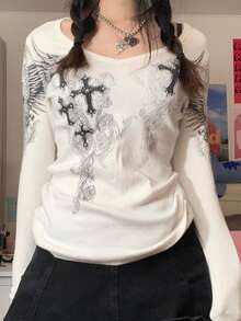 Women Y2K Graphic Tees Long Sleeve Vintage Grunge 90s T Shirt Basic Slim Fit Blouse Pullover Teen Girls Aesthetic Gothic Clothes Streetwear - trắng - Xem 3