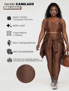 Plus Size Women's Ribbed Fitness Set Gym Top And Shiny Sports Leggings - Rust Brown - View 7