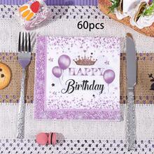 20张/40张/60张，薰衣草紫白公主皇冠生日快乐餐巾纸，双层一次性派对餐巾纸 | 闪光饰边气球星形图案纸巾，适用于女孩公主生日派对，皇家主题庆典用品 - 紫色 - 查看 8