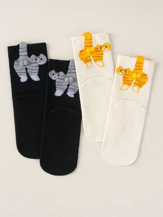 2 Pairs Cat & Bell Design Casual Mid-Calf Socks, Funny & Cute For Summer Of Novel And Creative Abstract 3D Cat Socks, Cute Cat, Egg, Jingle Bell Patterned Funny Crew Socks, Suitable For Summer Three-Dimensional Cat Egg Socks, Mid-Tube Socks, Cute And Funny Cats