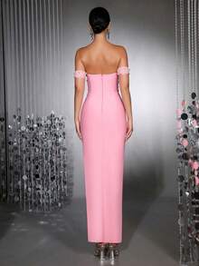 水钻露肩开衩高开衩伴娘礼服，绷带派对礼服 - 粉色 - 查看 6