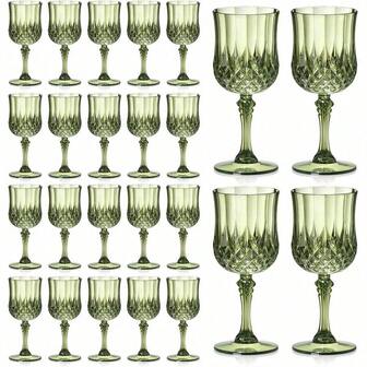 1/6/12pcs 7oz Green Plastic Wine Glasses, Champagne Flutes, Crystal Vintage Tumblers, Unbreakable Stemware, Suitable For Valentine's Day, Wedding, Party