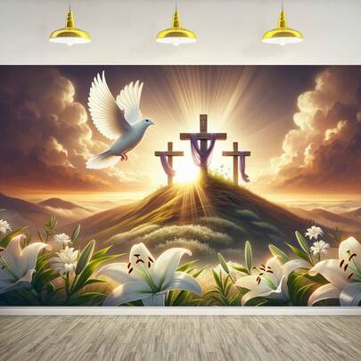 2D平面横幅 1件 复活节复活场景背景横幅 - 多功能季节性装饰，适合所有场合，无需用电，是房间和花园装饰的理想选择，是各种节日庆祝活动的完美之选。