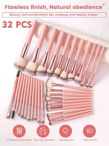 49 delar sminkverktygsset inklusive: 1 multifunktionell necessär och sminkväska med dragkedja, vattentät + 32 delar sminkborsteset + 3 delar sminksvampar + 3 delar mini-sminksvampar + 3 delar triangulära puderpuffar + 3 delar mini-luftkuddepuderpuffar + 1 delar rengöringsverktyg för sminkborstar + 3 delar runda puderpuffar. Allt-i-ett och nybörjarvänlig | Reseklar och presentklar | Perfekt för nybörjare/henne - Rosa - Visa 2