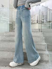 少女休闲宽松弹力腰阔腿牛仔裤 - 藍色 - 查看 4