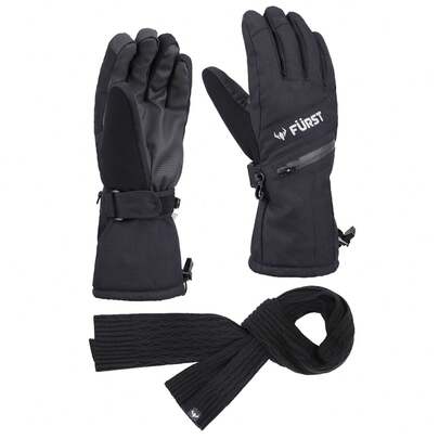 Men Ski Gloves And Knit Scarf Set, Waterproof Touchscreen Winter Snow Gloves With Long Cuff And Zipper Pocket, Warm Ribbed Knit Scarf 2PCS Gift Set