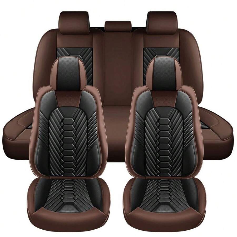 Luxury Leather Car Seat Covers Full Set Protectors, Hot Stamp Breathable Airbag Compatible For 5 Seats , Rear Bench Easy To Install, Universal Fit For Auto Truck Van SUVHalloween Christmas New Year 2026 - Brown - View 1