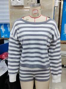 Women Striped Sweater Set Long Sleeve Sweater And Shorts Set 2 Piece Fall Matching Set Loungewear - 卡其色 - 查看 6