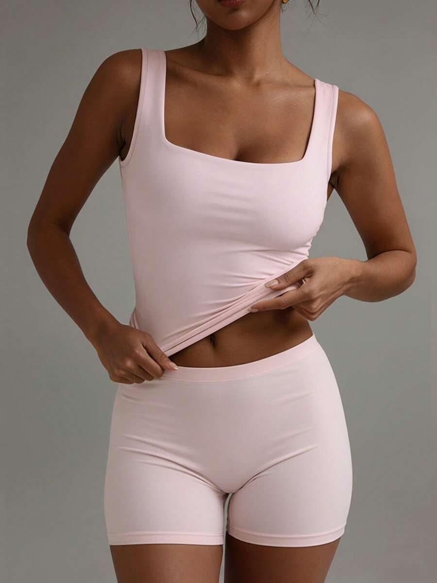 XLLAIS 女士纯色方领无袖背心，修身休闲装，粉色情人节上衣