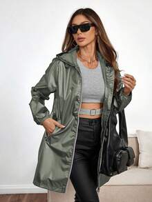 Women's Casual Hooded Jacket With Pockets, Lightweight Long Coat, Suitable For Spring/Autumn/Winter Daily Wear, Women's Autumn Clothing - Green - View 5