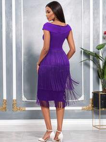 Vestido midi elegante morado con escote en V cruzado sin mangas y flecos de AOMEI, adecuado para fiestas de cóctel, galas de Año Nuevo y otras ocasiones, serie de vestidos de noche de moda - Morado - Ver 4