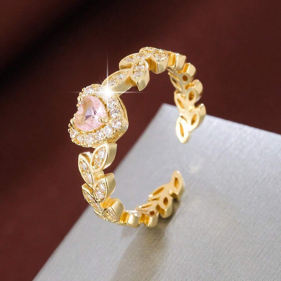 1pc Minimalist Olive Branch Heart Shaped Design Cubic Zirconia Adjustable Open Ring, Couple Gift - Multicolor - View 1