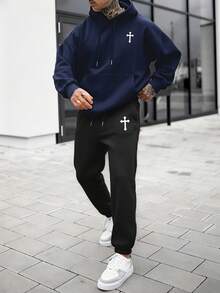 Bộ áo hoodie thu/đông nam | Họa tiết chữ thập | Trang phục thể thao thường ngày thiết yếu - Màu xanh hải quân - Xem 4