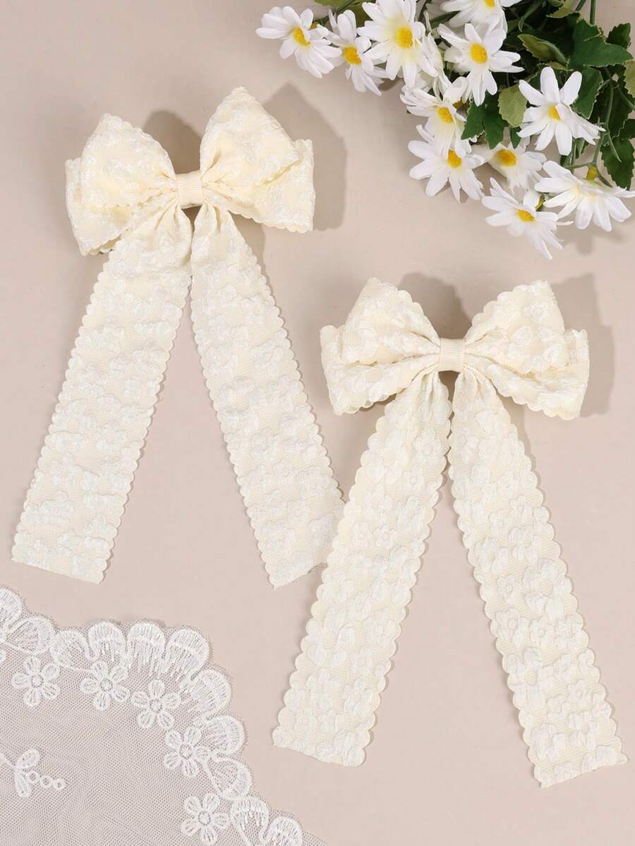 2pcs Cream/Pink Lace Hair Bows For Girls ,Sweet Flower Print Hair Clips With Long Ribbons ,Alligator Clips ,Elegant Barrettes ,Hair Accessories For Daily Life ,Vacaton & Festivals,Favor Gifts