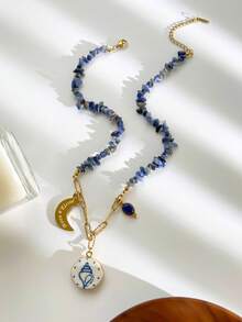 Monlansher Nouveau collier pour femme avec pendentifs multiples en perles de pierre, orné de cœurs, de lunes et d'hexagones. Un bijou polyvalent à porter au quotidien. - Doré - Voir 9