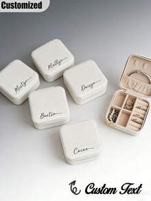 Customizable Name Jewelry Box, Beige Bridesmaid Jewelry Box, Zipper Closure, Fabric Lining, With Compartments, Travel Jewelry Storage Box, Suitable As Bridesmaid Gift, Birthday Gift, Thanksgiving Gift, Mother's Day Gift, Travel Jewelry Box, Jewelry Organizer - Multicolor - View 6