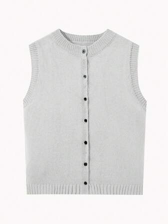 女士简约圆领纯色纽扣针织开衫背心，圣诞节和新年