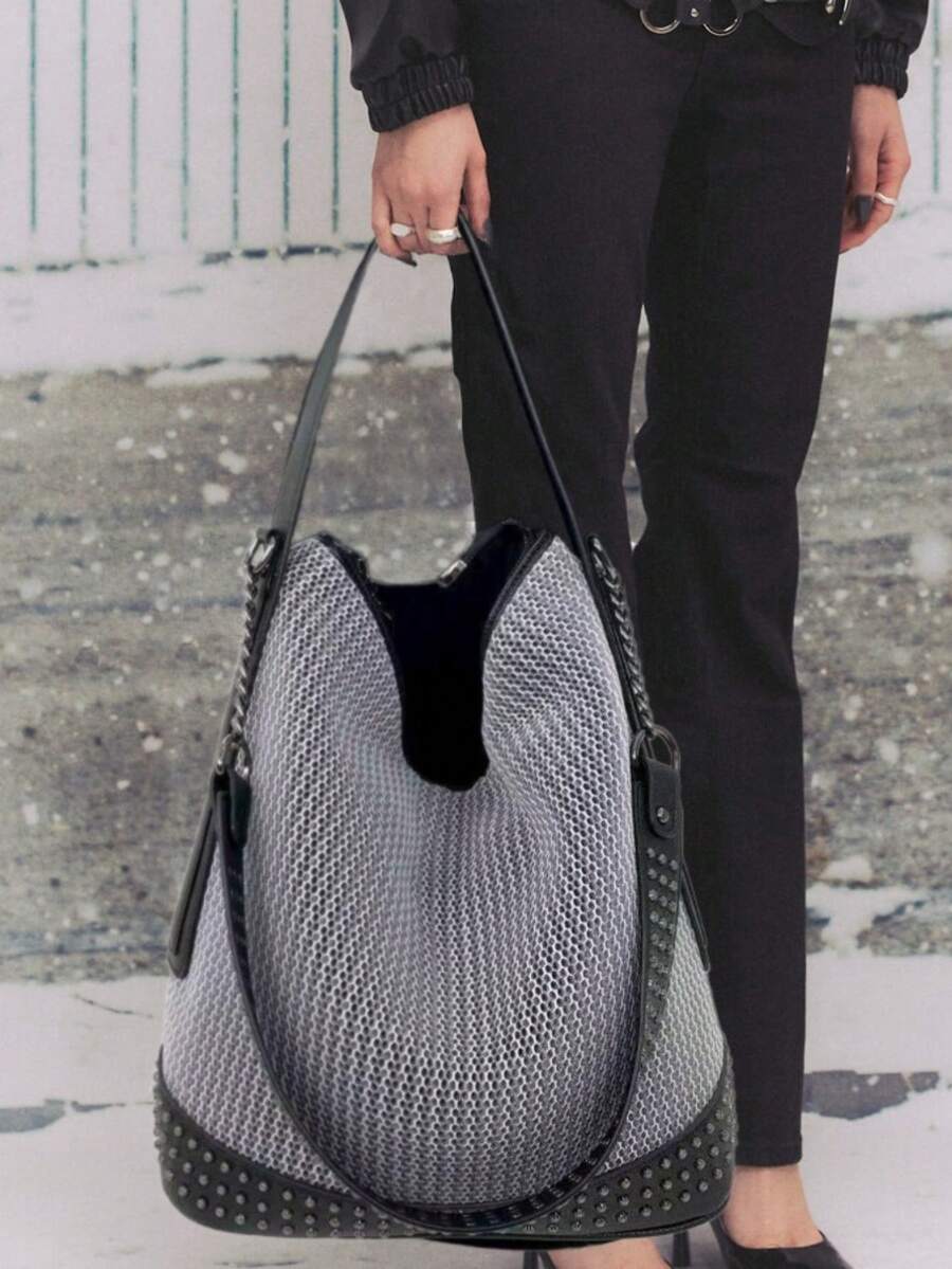 Y2K Rivet Street Splicing Shoulder Bag, Large Capacity Mesh Retro Splicing Bucket Bag, Personalized Detachable Chain Rivet Shoulder Strap, Very Suitable For Daily Use And Gatherings - Silver - View 1