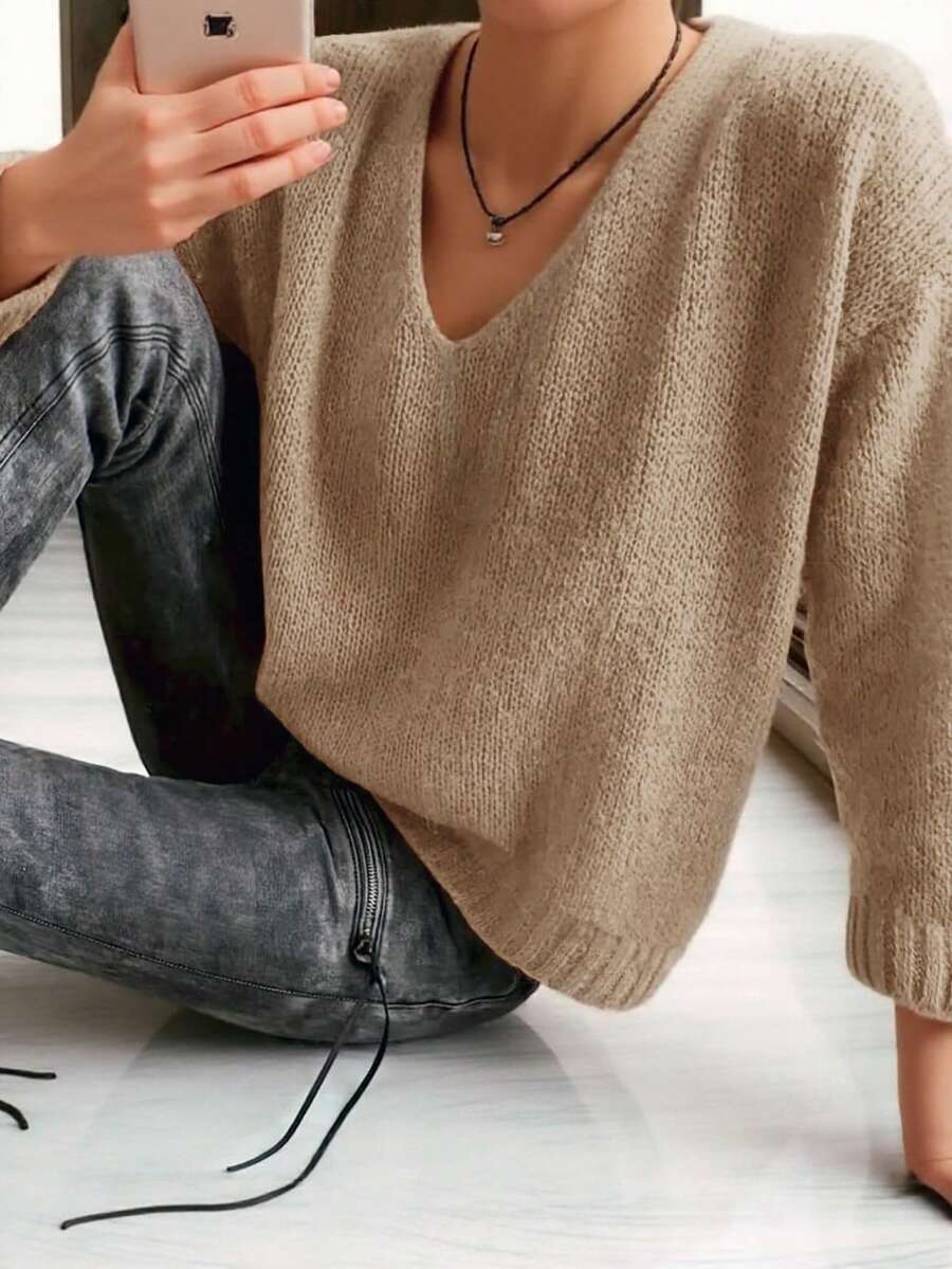 Women's Solid V-Neck Casual Loose Pullover Knit Sweater, Long Sleeve Spring - Khaki - View 1