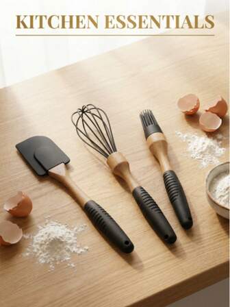 3件套高品质烹饪工具，包括硅胶铲、打蛋器和油刷。采用优质材料制成，耐高温。木质手柄外观时尚百搭。防滑握柄确保操作更稳定。工具耐刮擦，不会刮伤锅具。适用于煎、炒、烤等多种烹饪方式。一站式厨房用具套装。