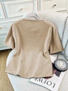 2026新款卡其色圆领纯色金属纽扣修身优雅时尚短袖针织开衫 - 卡其色 - 查看 2