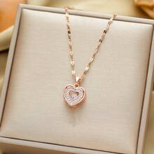 1pc 3D Love Stainless Steel Pendant Necklace With Rhinestone, Fashion Necklace For Men And Women, Everyday Wear, Christmas & Father's Day Gift - Heart Pendant - View 8
