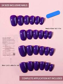 24片椭圆形亮紫色美甲贴纸套装，亚克力材质，短款完美贴合假指甲，包含1瓶甲油胶和1把指甲锉，适合女性和女孩日常工作、学习和派对使用。 - 紫色 - 查看 2