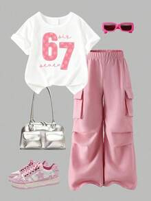 Girls' Casual Set - Numeric Print Round Neck Short Sleeve T-Shirt And Cargo Pants - Pink - View 1