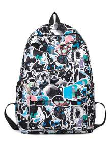 Graffiti Print Casual Commute Unique Design Backpack (No Pendant) - Black - View 2