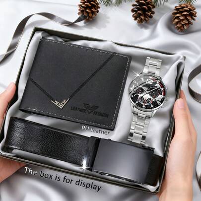 3pcs Men's Watch + Belt + Wallet Set, Fashion Minimalist Business Casual Sports Luxury Men's Watch Gift, Suitable For Daily Wear And Holiday Gifting, Designed Specifically For Men, No Gift Box