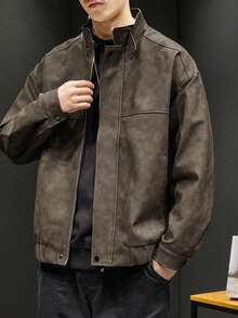 Chaqueta de cuero de vuelo estilo americano retro, diseño holgado con influencia motera, nueva versión para entretiempo e invierno - Gris - Ver 9