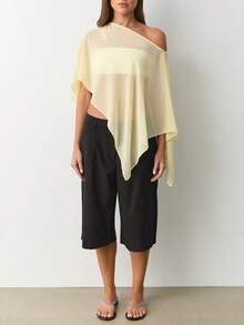 Women Sheer Knit Poncho Y2k See Through Shrug Mesh Cover Up Lightweight Asymmetrical Beach Shawl Cape Top - 黃色 - 查看 5