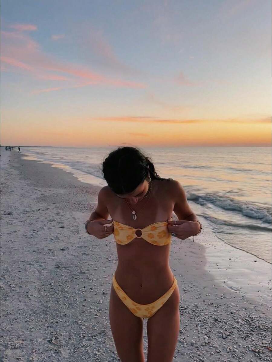 Traje De Baño Mujer Tankini Bikini Swimsuits Push Up Bikini Strapless Sleeveless Flower Print Tube Tops With Thong 2 Pcs Bathing Suit Swimwear - trái cam - Xem 1