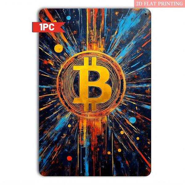 1 pieza Señal de metal de Bitcoin en 2D plano - Hierro resistente, símbolo de Bitcoin en diseño dorado y azul/negro - Decoración de pared de criptomoneda para el hogar, oficina, cueva de hombre, minería - Regalo perfecto para inversores y comerciantes de Bitcoin - 8x12 pulgadas, obra de arte de oficina, estética moderna, 2D plano, perfecto para la decoración de la habitación