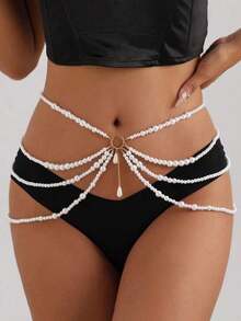 1pc Fashionable Popular Multi-Layer Faux Pearl Metal Hoop Tassel Pendant Waist Chain, Party Dance Women's Body Accessories, Rave - Nhiều màu - Xem 1