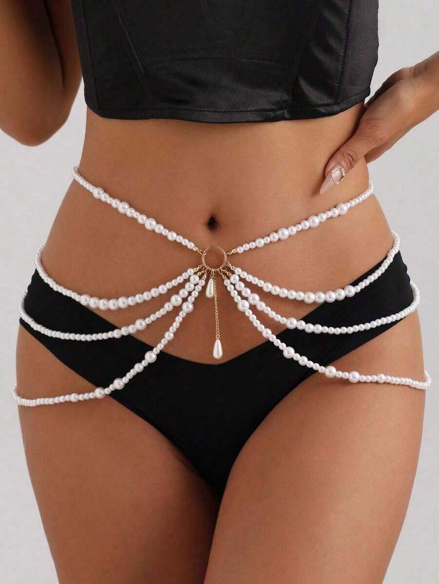 1pc Fashionable Popular Multi-Layer Faux Pearl Metal Hoop Tassel Pendant Waist Chain, Party Dance Women's Body Accessories, Rave - Nhiều màu - Xem 1