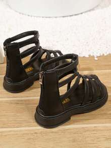 1 Pair Girls' Soft Bottom Non-Slip Open Toe Zipper Closure Sandals, Minimalist Fashion Strap Roman Sandals, Suitable For Summer - Black - View 4