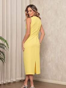 W120 Elegant Women's Tailored Midi Dress With Bow And Back Slit. - Màu vàng - Xem 3